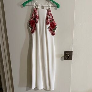 Bisou Bisou White Midi Dress with Red Floral Design